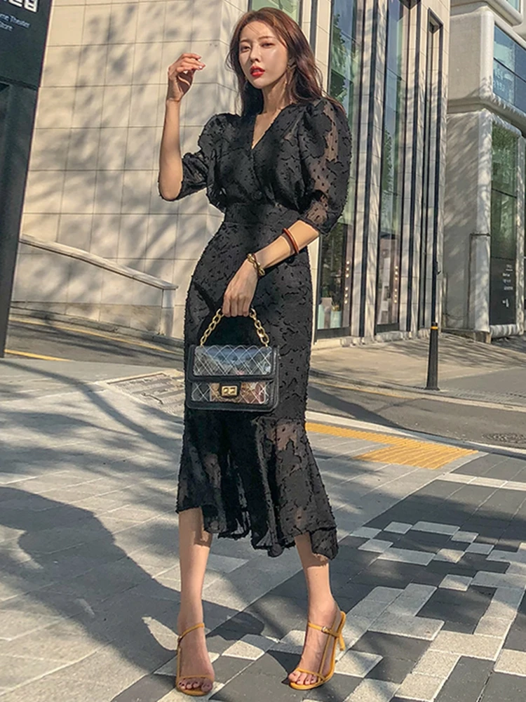 

Summer Korean Elegant Ruffles half Sleeve Midi Mermaid Dress High Waist Hip Bodycon Appliques Patchwork Vestidos