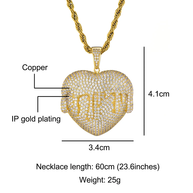 

D&Z Charm Iced Out Paved CZ Water Drop Heart Pendant Necklace with Tennis Chain Colar Masculino For Men Women