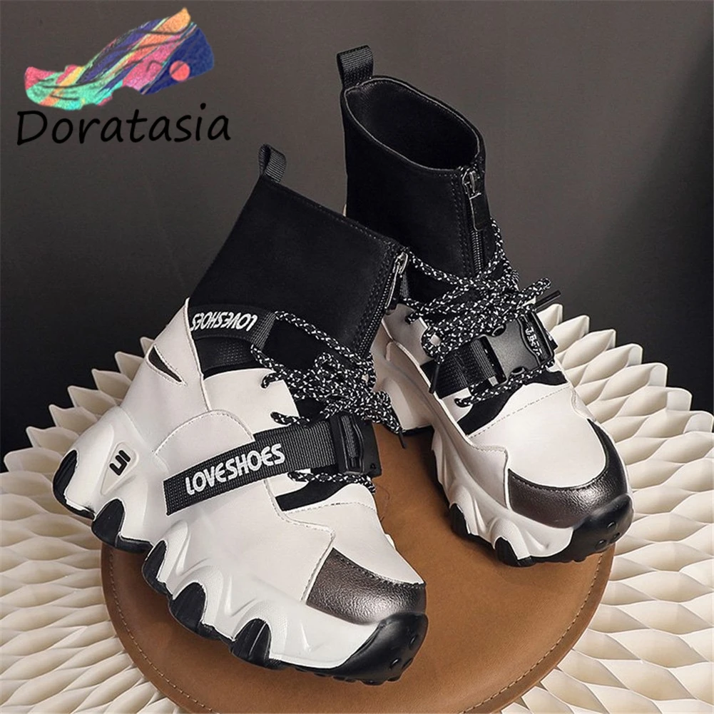 

DORATASIA Brand New Women Boots Height Increasing Lace-Up Solid High Heel Wedges Ankle Boots Platform Casual Women Sports Shoes