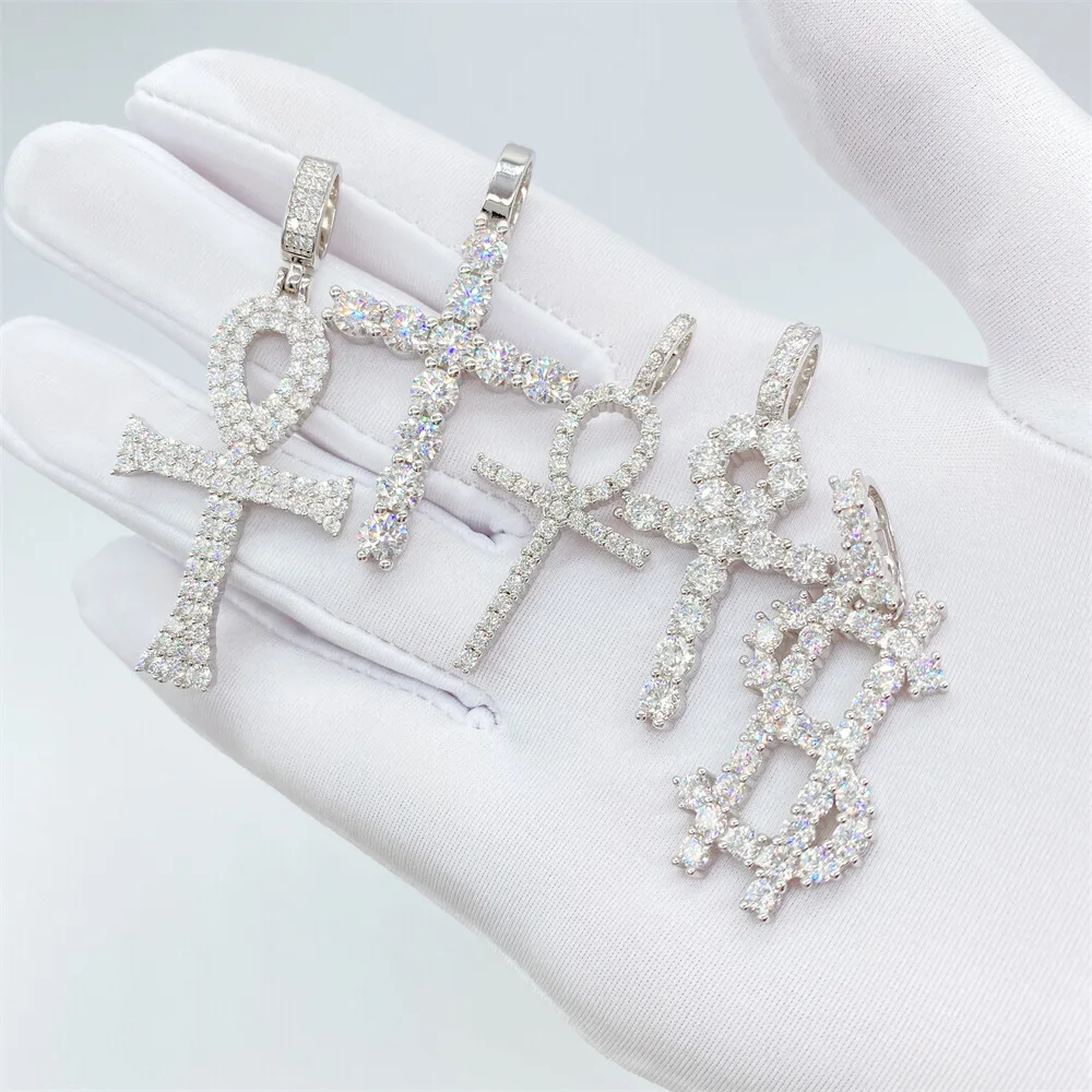 Moissanite S925 Silver Long Ankh Cross Pendants Necklace Real Diamond Iced Out Necklaces For Men Women Jewelry Pass Tester