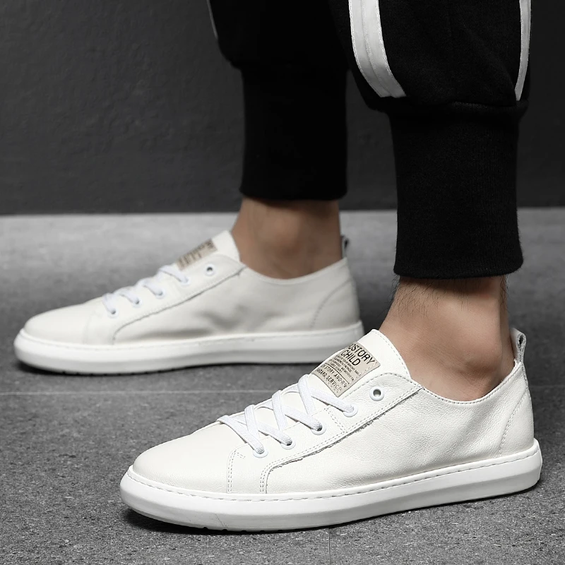 Mens Shoes Genuine Leather lace up White Leather Sneakers Casual Shoes Men outdoor Fashion Sneakers Shoes Sepatu Pria Kulit Asli