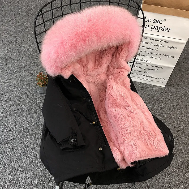 Black pink fur Детское пальто коллекция года, модное зимнее пальто с натуральным мехом теплая парка с воротником из меха енота для мальчиков и девочек детская куртка - Цвет: Black pink fur