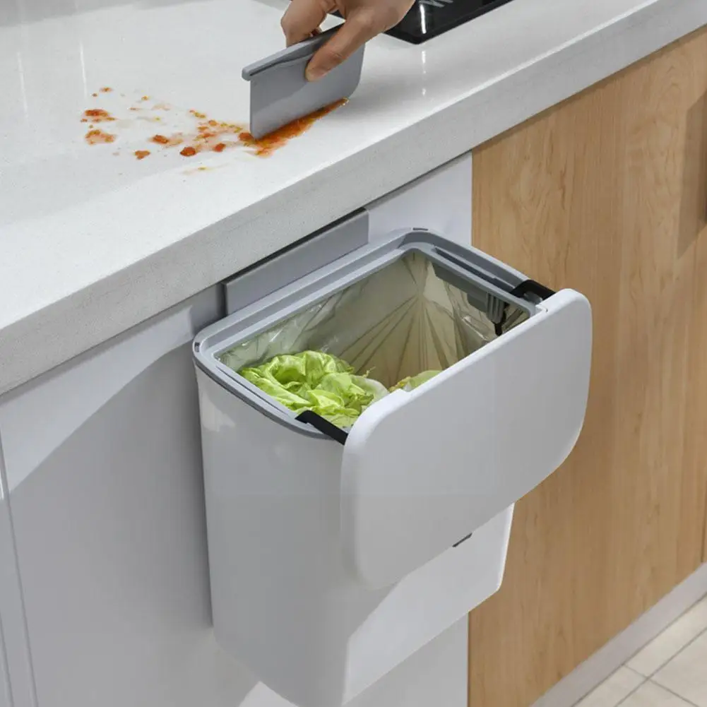 

Hanging Trash Bin with Lid for Kitchen Cabinet Door Mountable Under Sink Garbage Can Bathroom Bedroom Compost Bucket V4C2