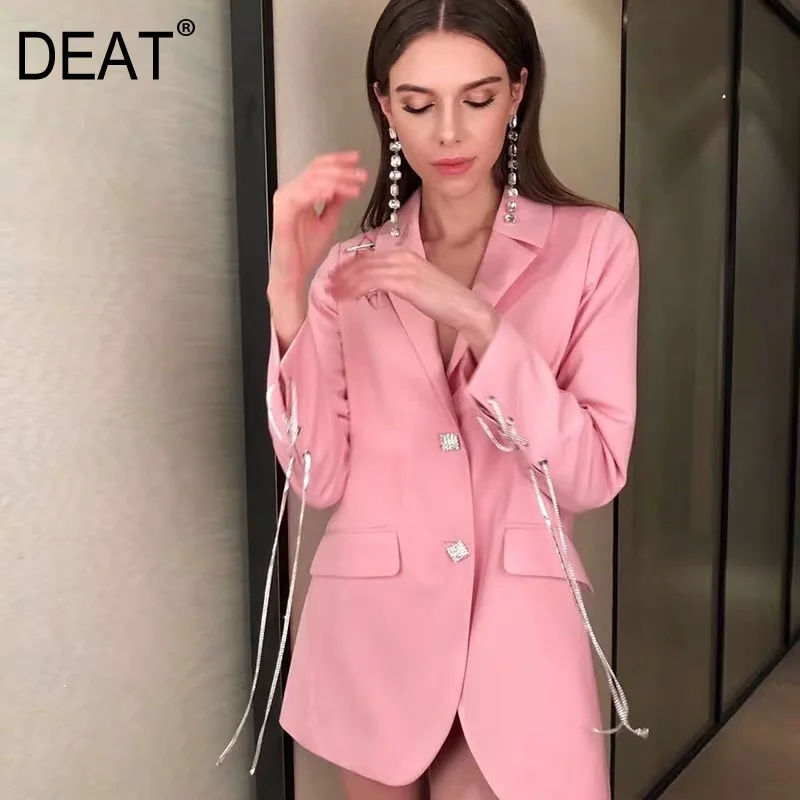 

DEAT 2021 New Notched Collar Pink Color Full Sleeves Single Breasted Spliced Metal Buttons High Waist Blazer Female Top WP95111L
