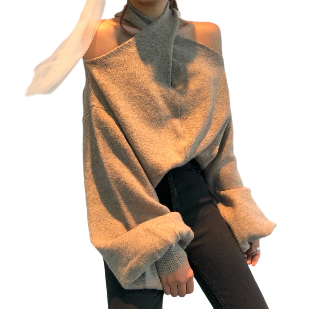 Женский трикотажный свитер в стиле ретро пуловер оверсайз с открытыми плечами и