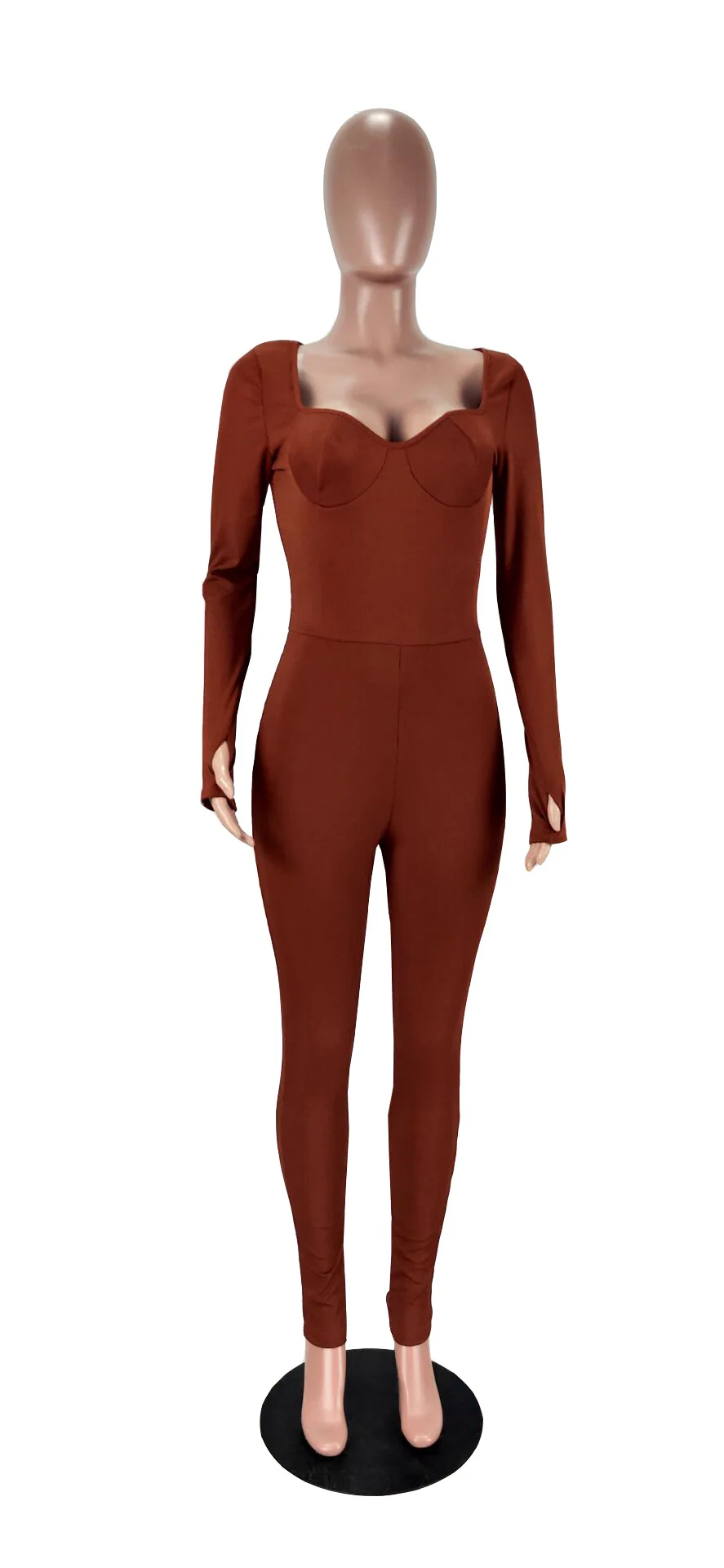 

Cutubly Romper Long Sleeve Elastic Sexy Solid Brown Jumpsuit Women Low Collar Party Jumpsuit For Women Spring Autumn Jumpsuit