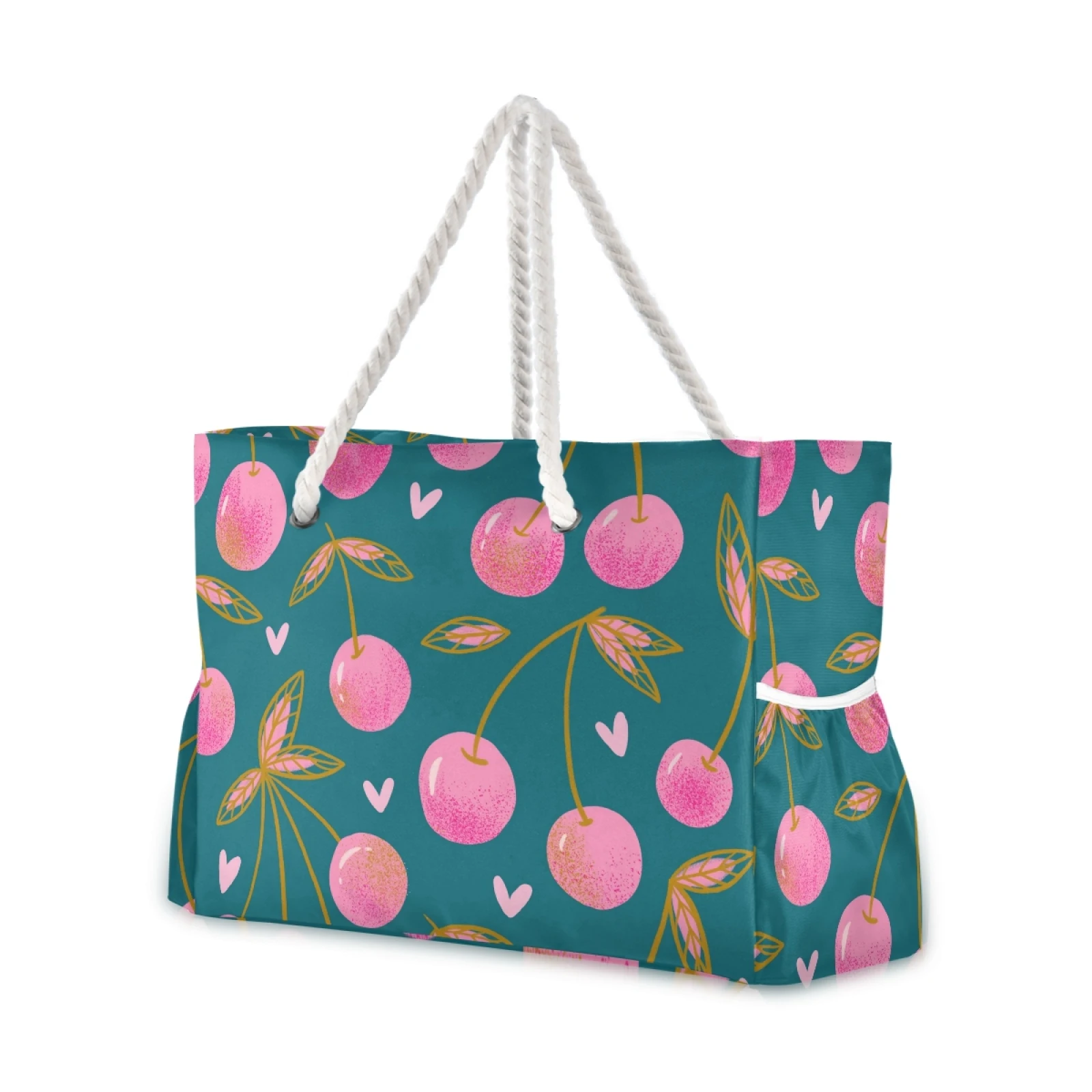 Bacche di ciliegio rosso dolce strappo sulla borsa della spesa verde borsa a tracolla da donna borsa Shopping pieghevole borsa da spiaggia in Nylon di moda
