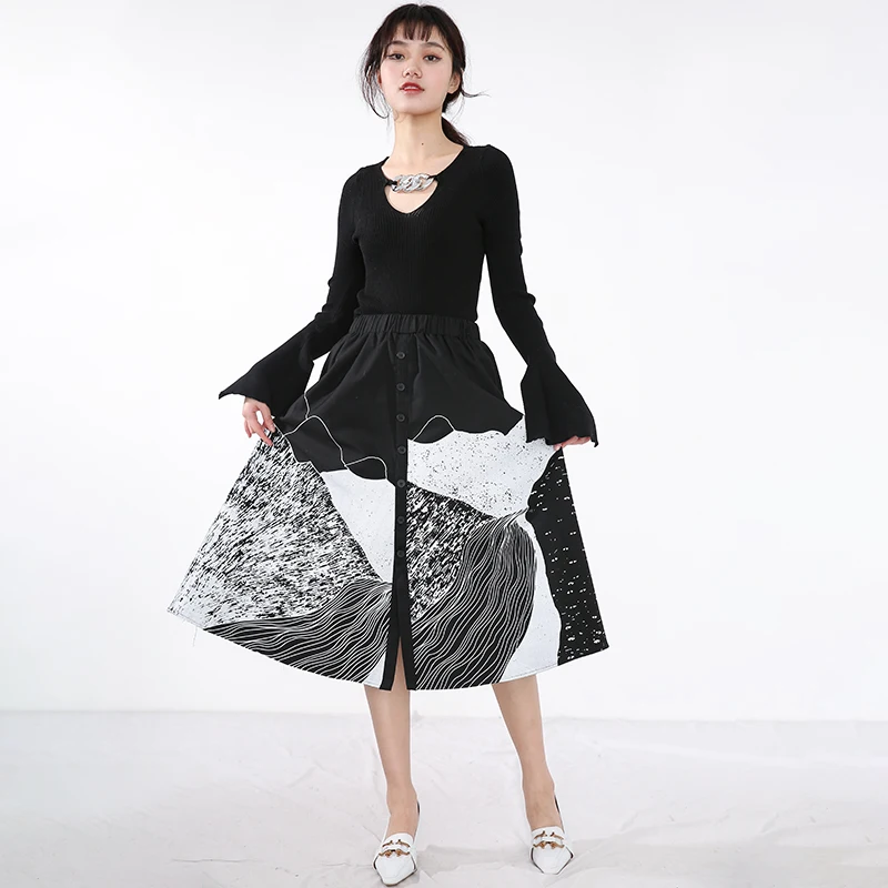 

[EAM] High Elastic Waist Black Pattern Printed Button Spliced Half-body Skirt Women Fashion New Spring Autumn 2021 1DB23801