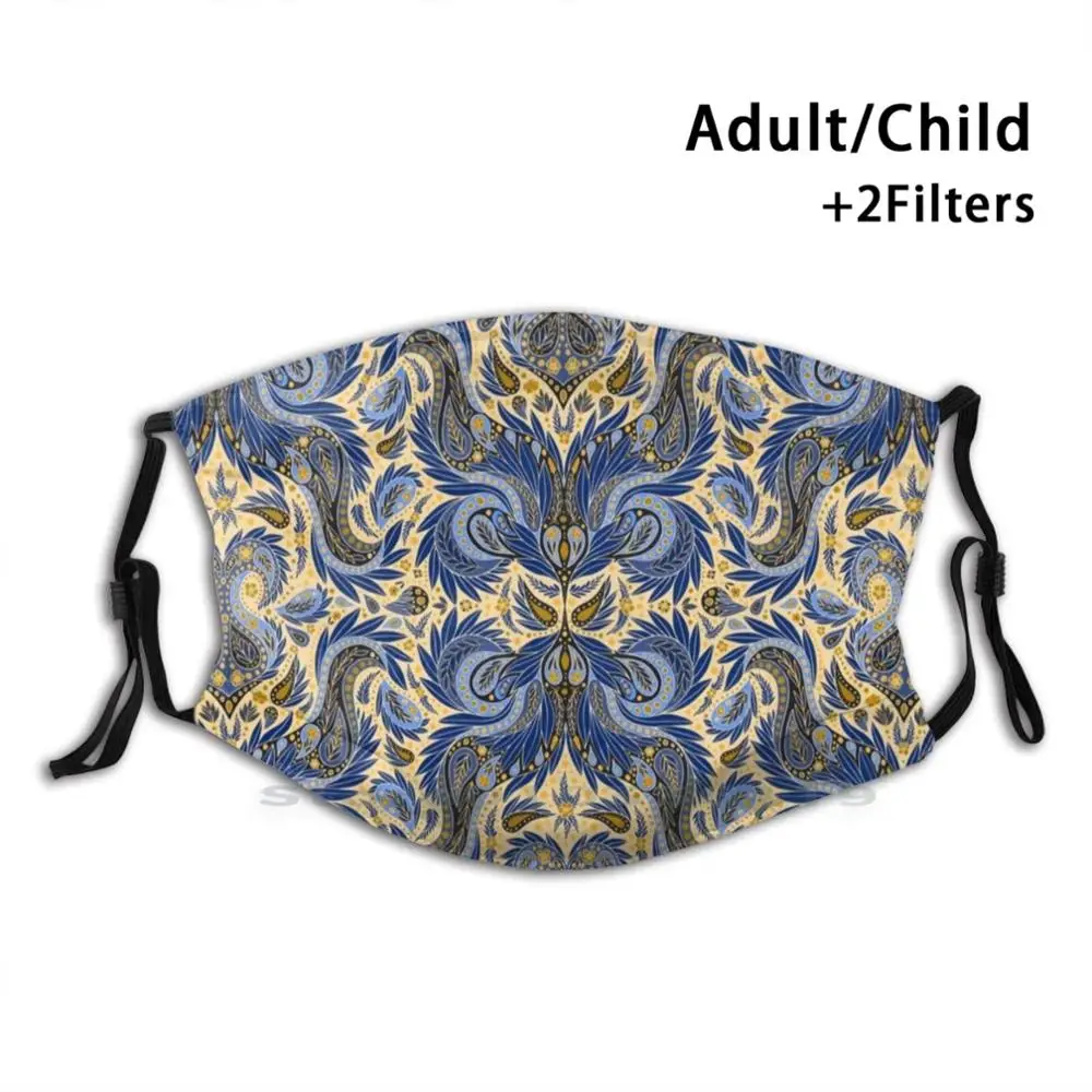 

Blue , Yellow & Cream Paisley Pattern Adult Kids Washable Funny Face Mask With Filter Paisley Pattern Blue Yellow Cream Mustard