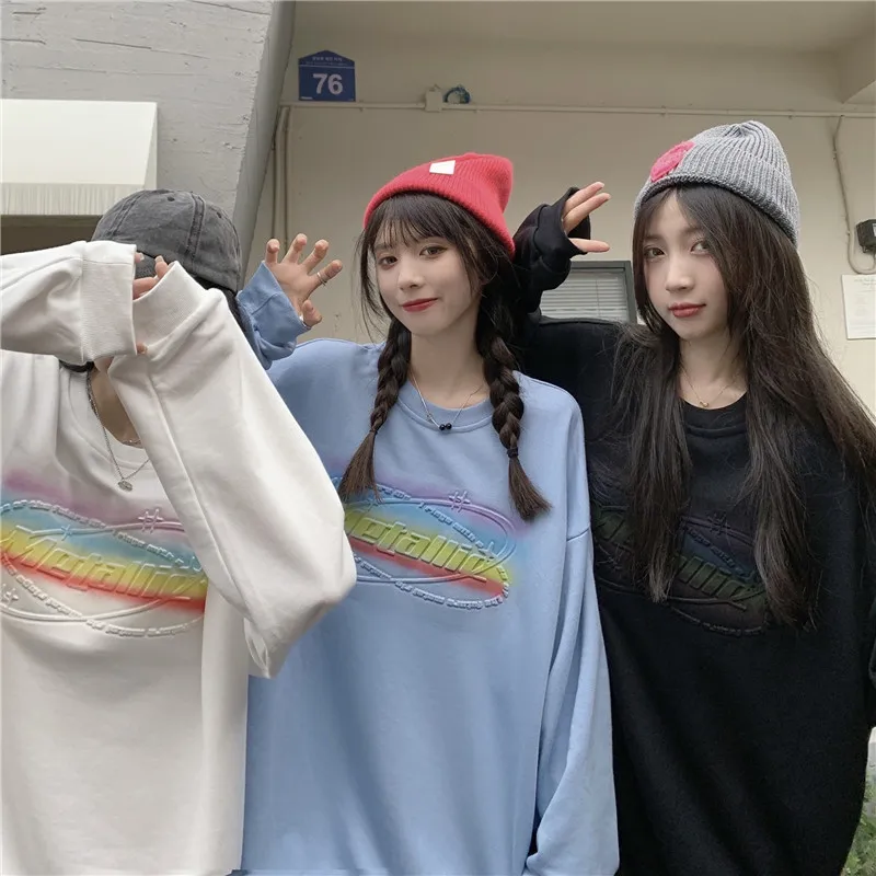 

2021 Autumn Round Neck Long Sleeve Sweatshirt Women's Round Neck Rainbow Print Loose Casual Top Hoodie