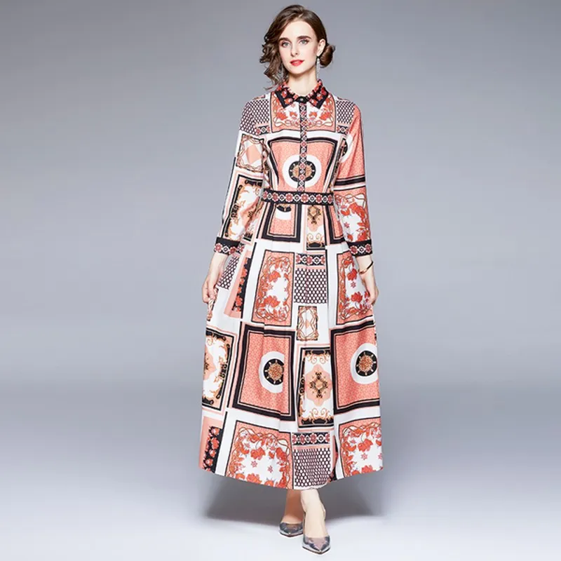 

2021 autumn Fashion print maxi Dresses Print long Sleeve turn down Collar casual dress Vestidos