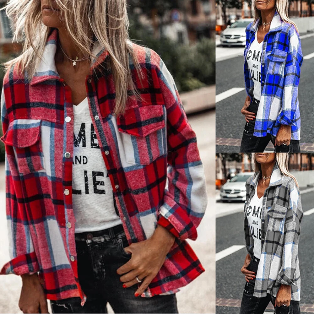 

Women Casual Plaid Shirt Jacket Coats Vintage Long Sleeve Oversize Lapel Pocket Office Jackets Famale Outerwear Loose Tops