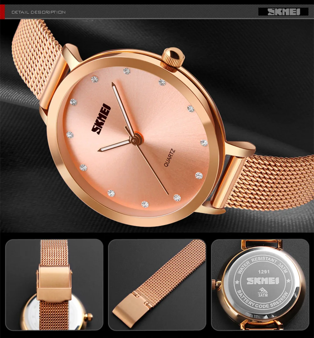 

SKMEI Women's Quartz Wrist Watch Simple Ultra-Thin Stainless Steel Big Dial Water Resistant Watches For Women orologi donna 1291