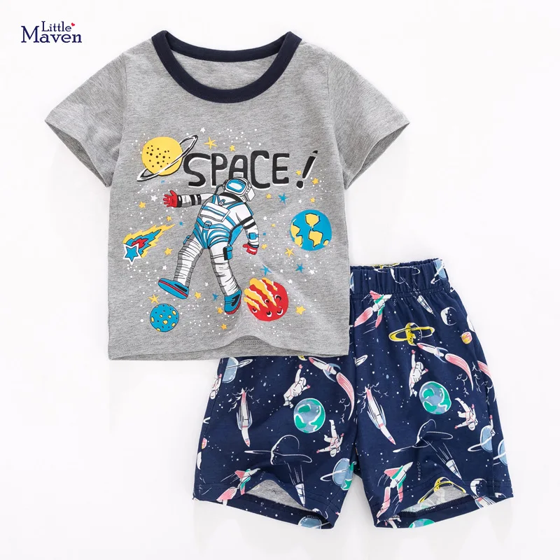 

Little Maven New Summer Children Gray Spaceman Stars Printed O-neck Cotton Knitted Boys 2-7yrs Casual Short Tshirt Sets