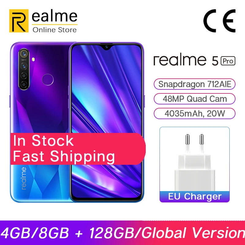 В наличии глобальная версия Realme 5 Pro 4G/8G 128G Смартфон Snapdragon 712AIE 48MP Quad Camera 6 3