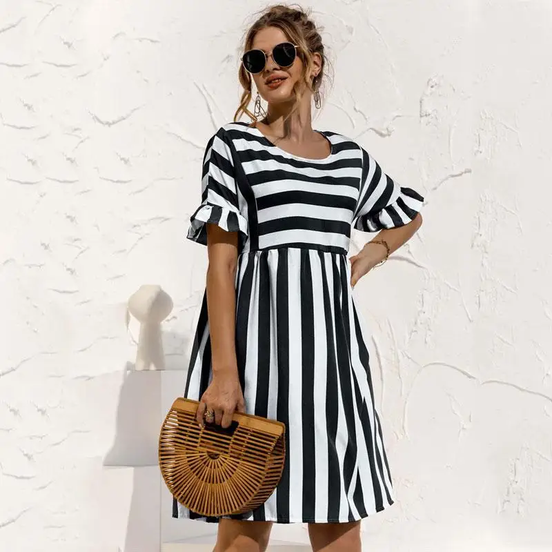 

2021 Summer Midi Striped Dress Women Party Beach Dresses Ladies Holiday Loose Sundress Casual Vestidos Female Vintage
