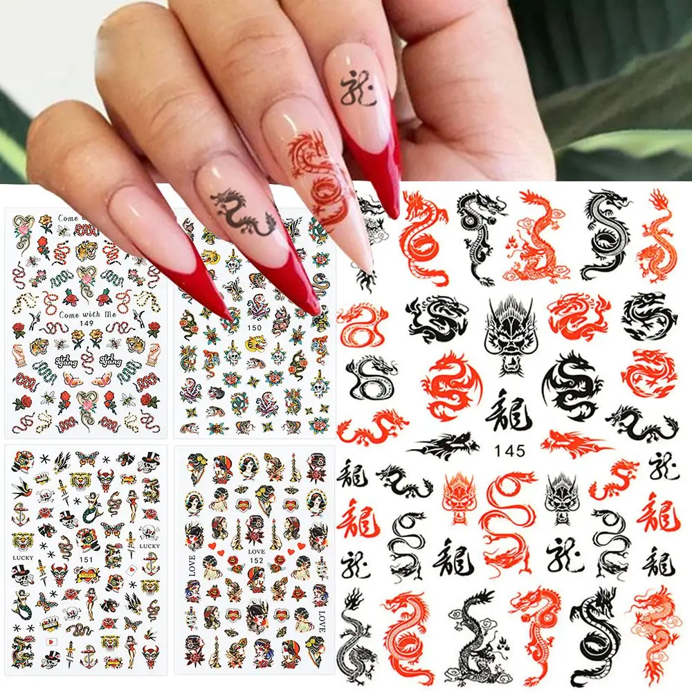 3D наклейки для ногтей в черном стиле дракон змея самоклеящиеся декоративные