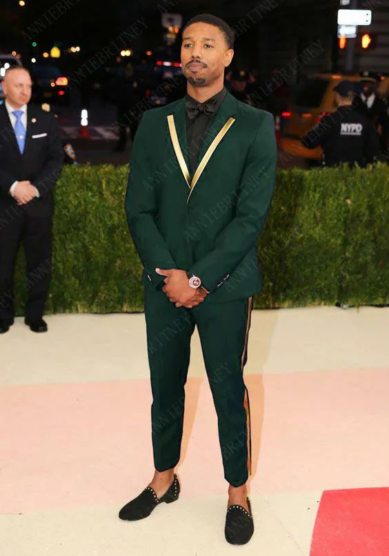ANNIEBRITNEY 2022 New Designs Gold Lapel Men Suit Set Casual Dark Green Tuxedo Slim Fit 2Pcs Men Suits Groom Wedding Prom Blazer