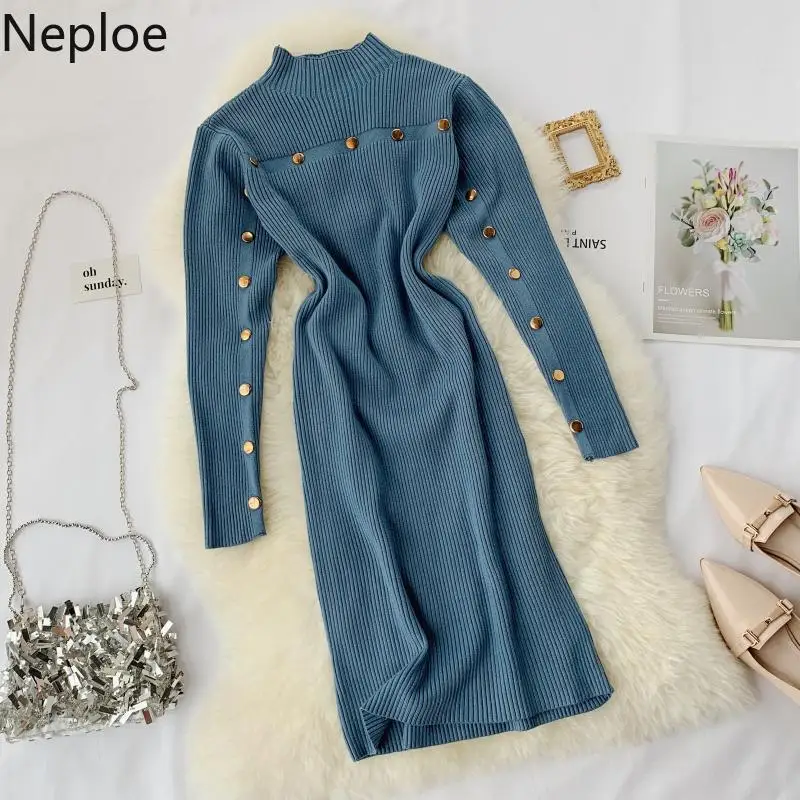 Neploe французский стиль Heben Vestido водолазка с заклепками однотонное приталенное