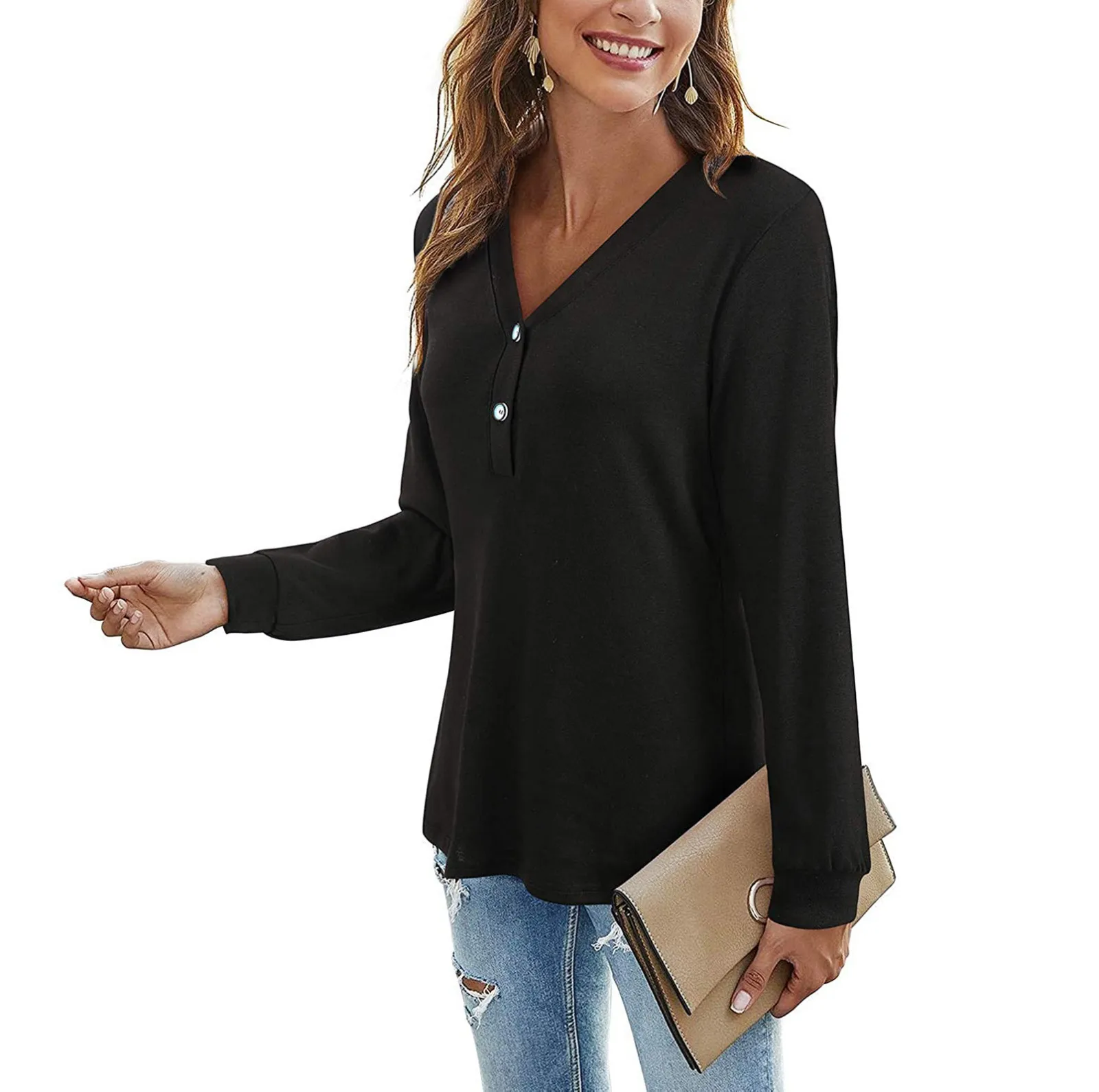 Women's Blouses Shirts 2021 Casual solid color Pullover Comfy Long sleeve Tunic Ladies Tops Holiday wear V-Neck Clothing | Женская