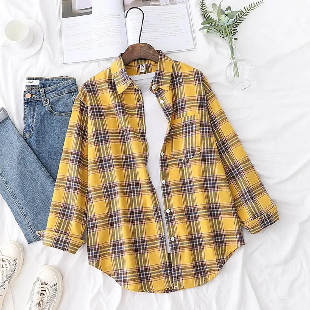 

Plaid Shirts Blouse Women Spring Autumn Turn Down Collar Vintage Blouse Long Sleeve Plus Size Button Up Casual Tops