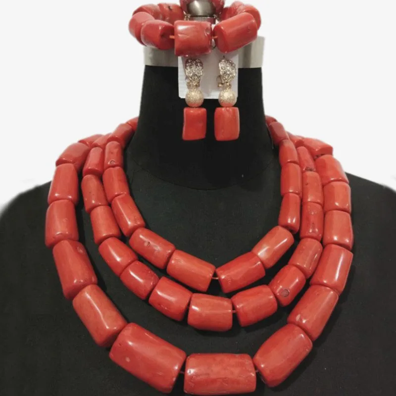 Orange Color 4UJewelry 13 мм-20 мм коралловые бусины африканские Роскошные Свадебные украшения наборы для нигерийских свадеб 3 слоя Дубай ожерелье браслет серьги набор Племенной традиционной свадьбы - Окраска металла: Orange Color