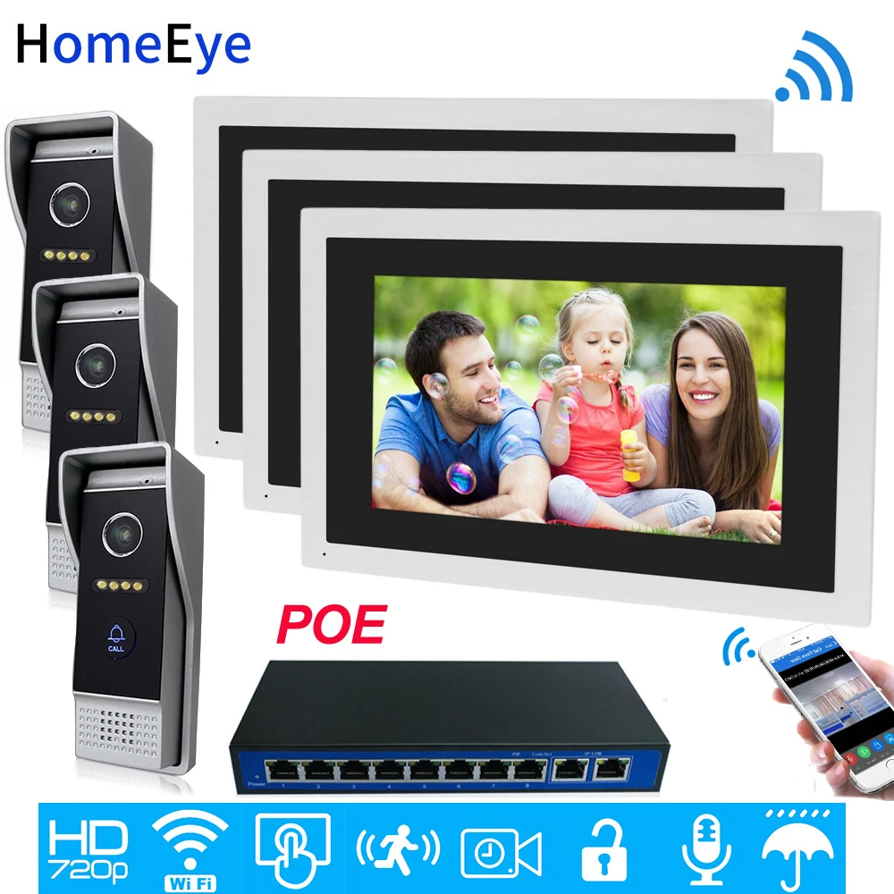 720P HD WiFi IP Video Door Phone Video Intercom 10''Touch Screen 3-3 Security Access Control System Mobile App Remote Unlock POE