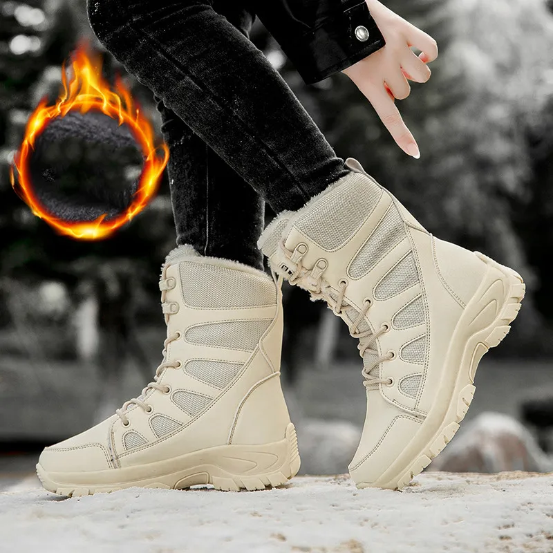 Winter Warm Plush Men Women Hiking Boots Couple Combat Shoes Men Fashion Black Plus Size 46 Leather Snow Boots Women Botas Mujer