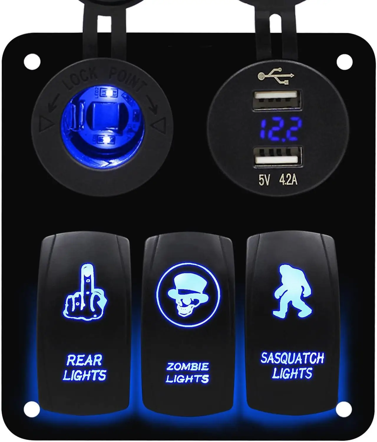 

3 Gang Blue Rocker Switch Panel with Dual USB and Power Charger Socket for Marine Boat Car RV