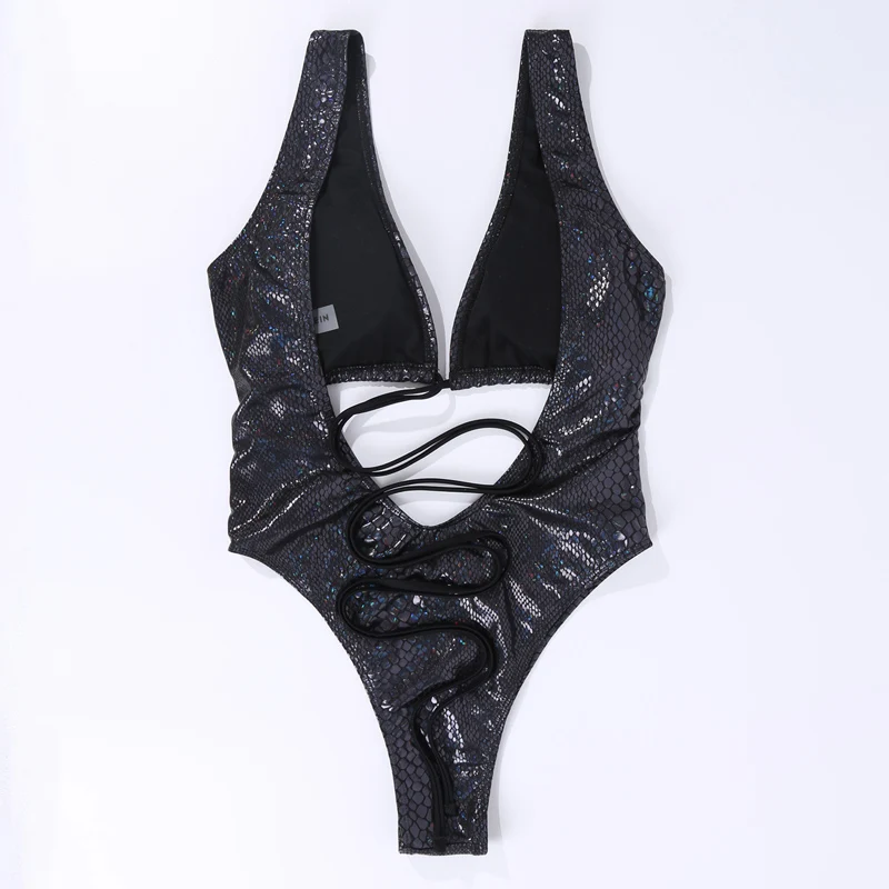 

Women Snakeskin Monokini One Piece Swimsuit Sexy V Neck Hollow Bandage Beachwear Backless Bodysuit Solid Padded Bathing Suit