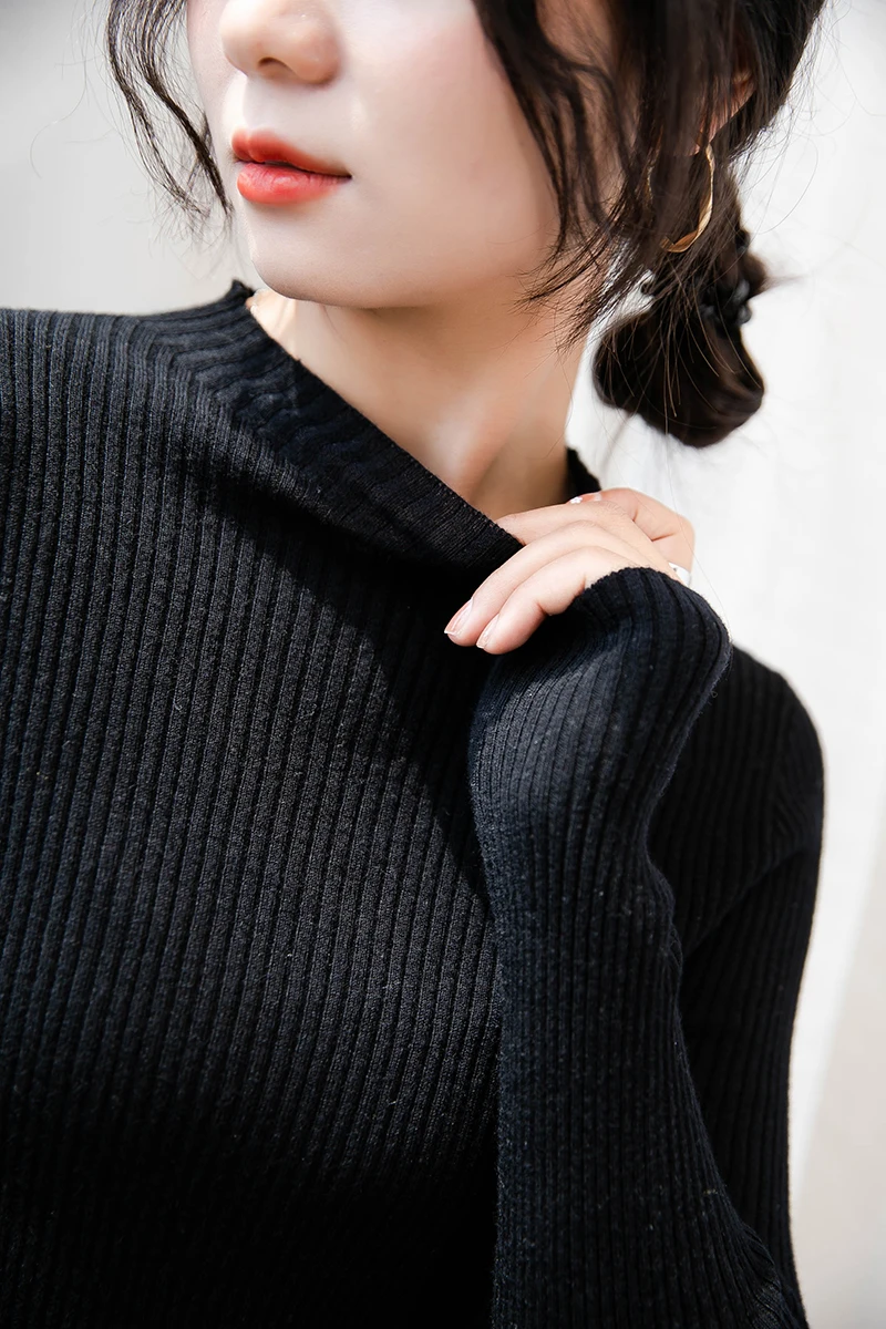 

Women Sweaters Fall Style Wool And Cashmere Half High Collar Pit Stripe Texture Slim Long Sleeve Knitted Top Soft And Rich Feel