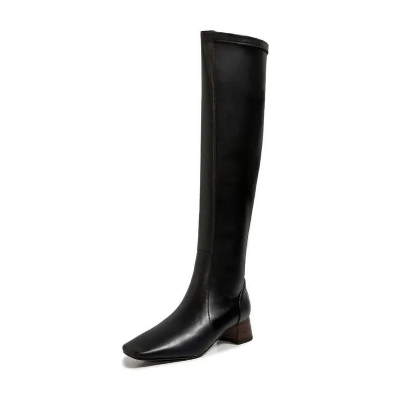 

Concise Knee High Boots square Toe Thick med Heels party Shoes Woman Genuine Leather Dancing Basic Boots size 41 42 43