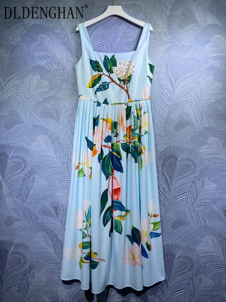 

DLDENGHAN Fashion Designer Summer Dress Women Spaghetti Strap Beading Flower Print Vacation Long Dresses
