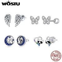 wostu authentic 925 sterling silver spirit butterfly hollow cat wing stud earrings clear cz for women patry fine jewelry gift