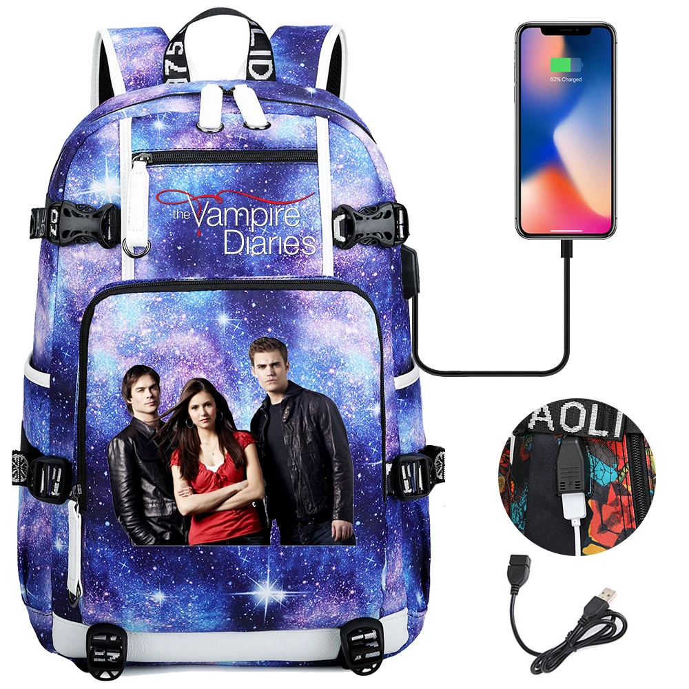 

Vampire Diaries Boys Girls Backpacks Schoolbag Large Capacity Laptop Bag Waterproof Multifunction USB Charging Backpack