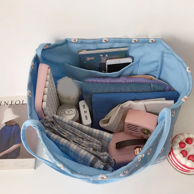 

Fashion Women Daisy Canvas Embroidery Shoulder Bag Large Capacity Shopping Bag Leisure Travel Simplicity Handbag