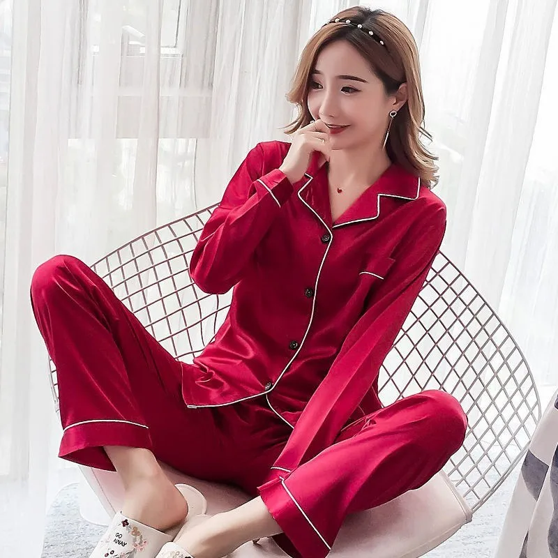 Plus Size Women Satin Pajamas Set 2PCS Shirt &Pants Casual Pyjamas Suit Long Sleeve Couple Sleepwear Nightwear 3XL 4XL 5XL