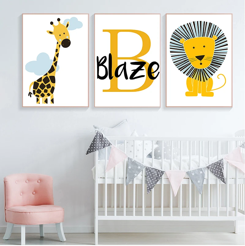 

Giraffe Lion Baby Animal Poster Boy's Custom Name Canvas Print Nursery Wall Art Paintings Nordic Baby Room Picture Wall Decor