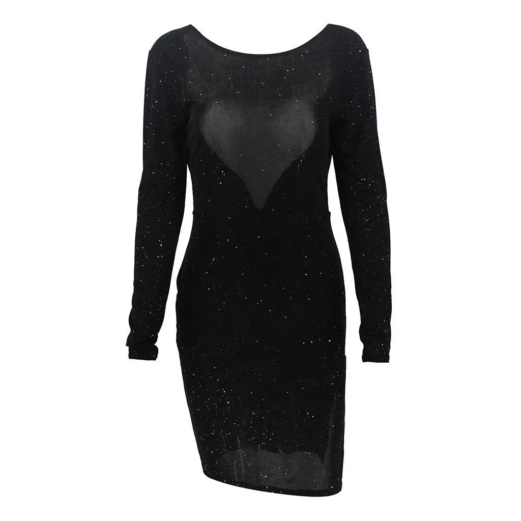 

WEPBEL Women Knee Length Dress New Sexy Women's Backless Sequined Long-Sleeved Stretch Pencil Skirt Dress