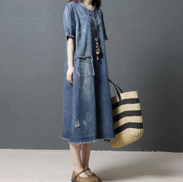Женское джинсовое платье в Корейском стиле синее винтажное свободного покроя с