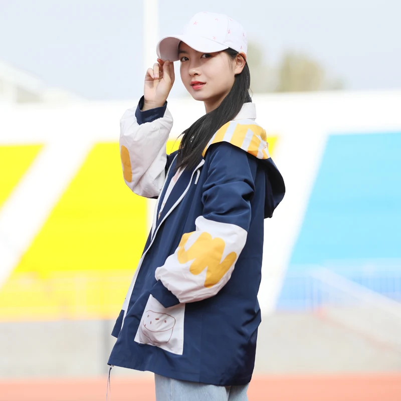 Women Patchwork Coats Preppy Style Pocket Rice Print Hooded Loose Jacket Spring Long Sleeve Basic Outerwear 2048571