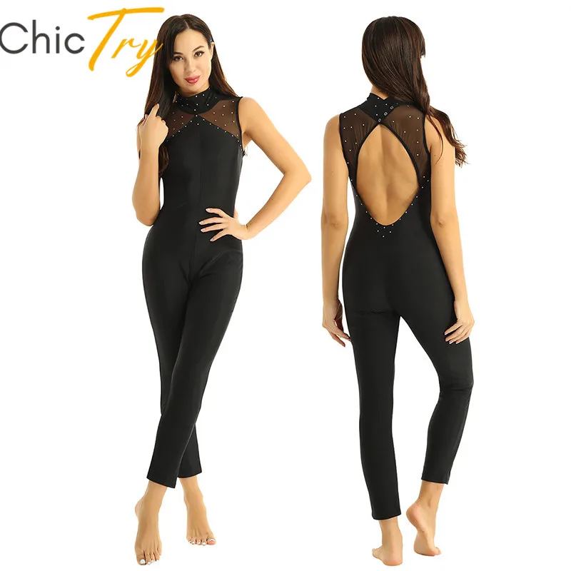 Женский костюм для гимнастики без рукавов с ложным горлом блестящими