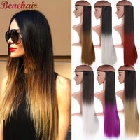 benehair long straight clip in one piece synthetic hair extension 5 clips fake hair pieces for women ombre brown black hair