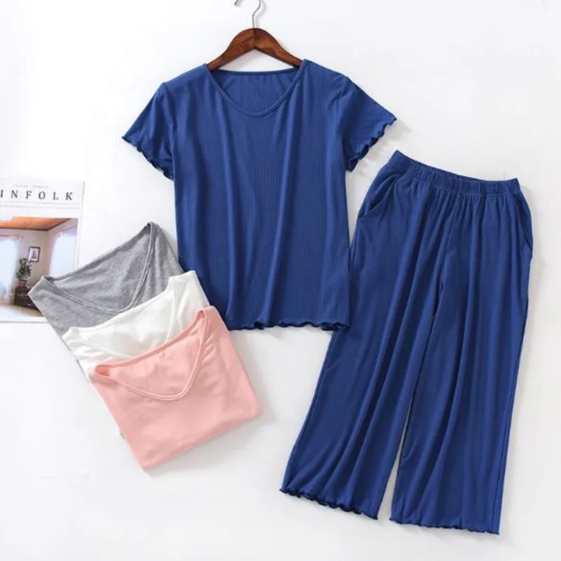 

Женские летние пижамы с коротким рукавом, укороченные штаны, комплект из двух предметов, повседневные спортивные пижамы из модала и хлопка, ...