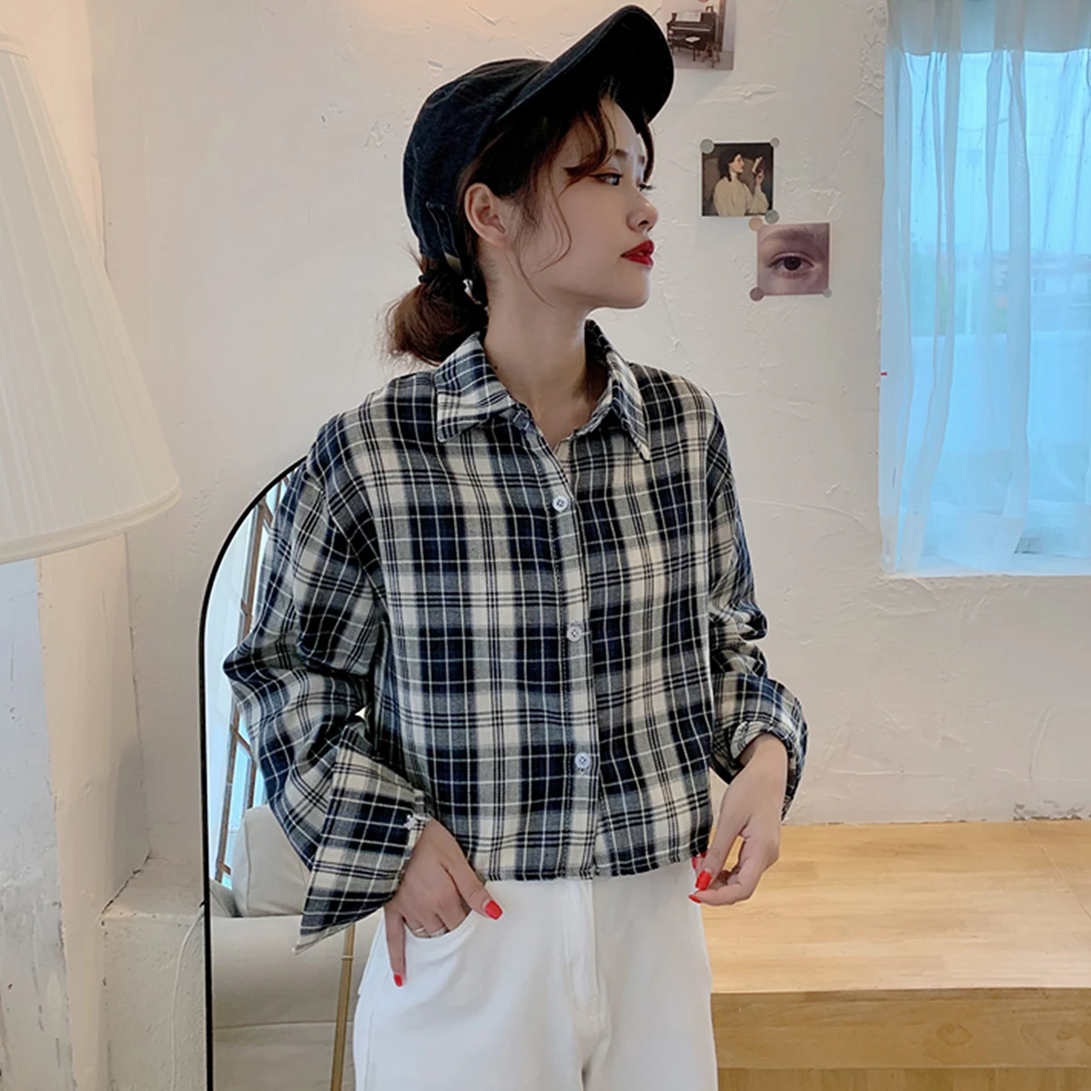 

Korean Vintage Plaid Blouses Women Trendy Casual Office Lady Shirt Long Sleeve Summer 2021 Turndown Collar Tops Female Blusas