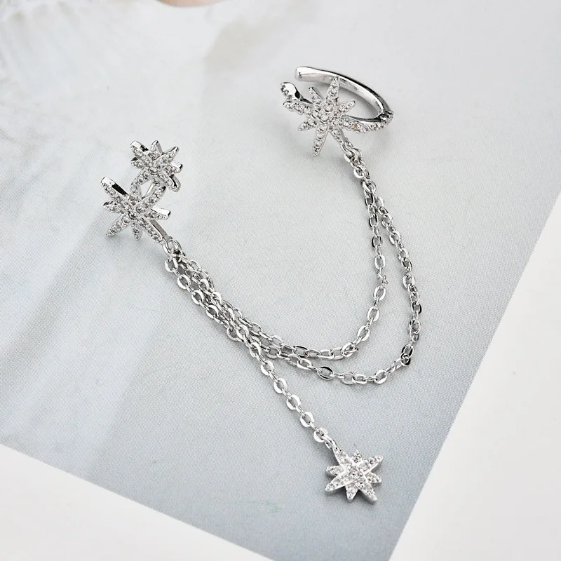 

1 pcs 925 Sterling Silver Cubic Zircon Tassel Piercing Star Stud Earrings For Women Girls Wedding Female Pendientes eh1262