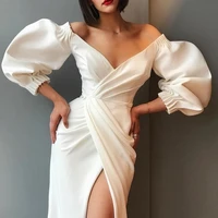 elegant solid evening prom gowns party for women sexy v neck puff sleeve dresses black white off shoulder high split