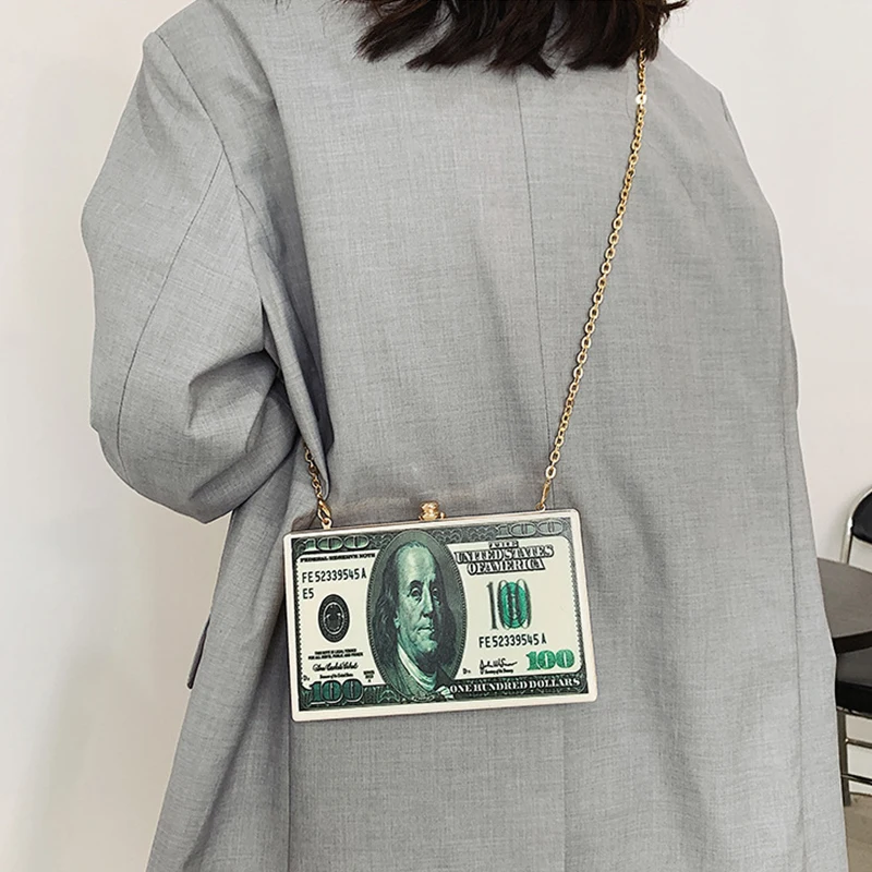 

Fashion US Dollar Pattern Box Bag Designer Acrylic PVC Women Daily Clutch Purse Ladies Chain Shoulder Crossbody Messenger Bag