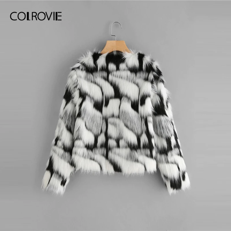 COLROVIE двухцветное пальто из искусственного меха с открытым передним воротником женские черно-белые осенние пальто высокого уличного стиля модная теплая зимняя верхняя одежда