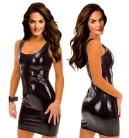 sexy women black leather latex dress sleeveless sexy fetish bodycon catsuit lady exotic nightclub dresses